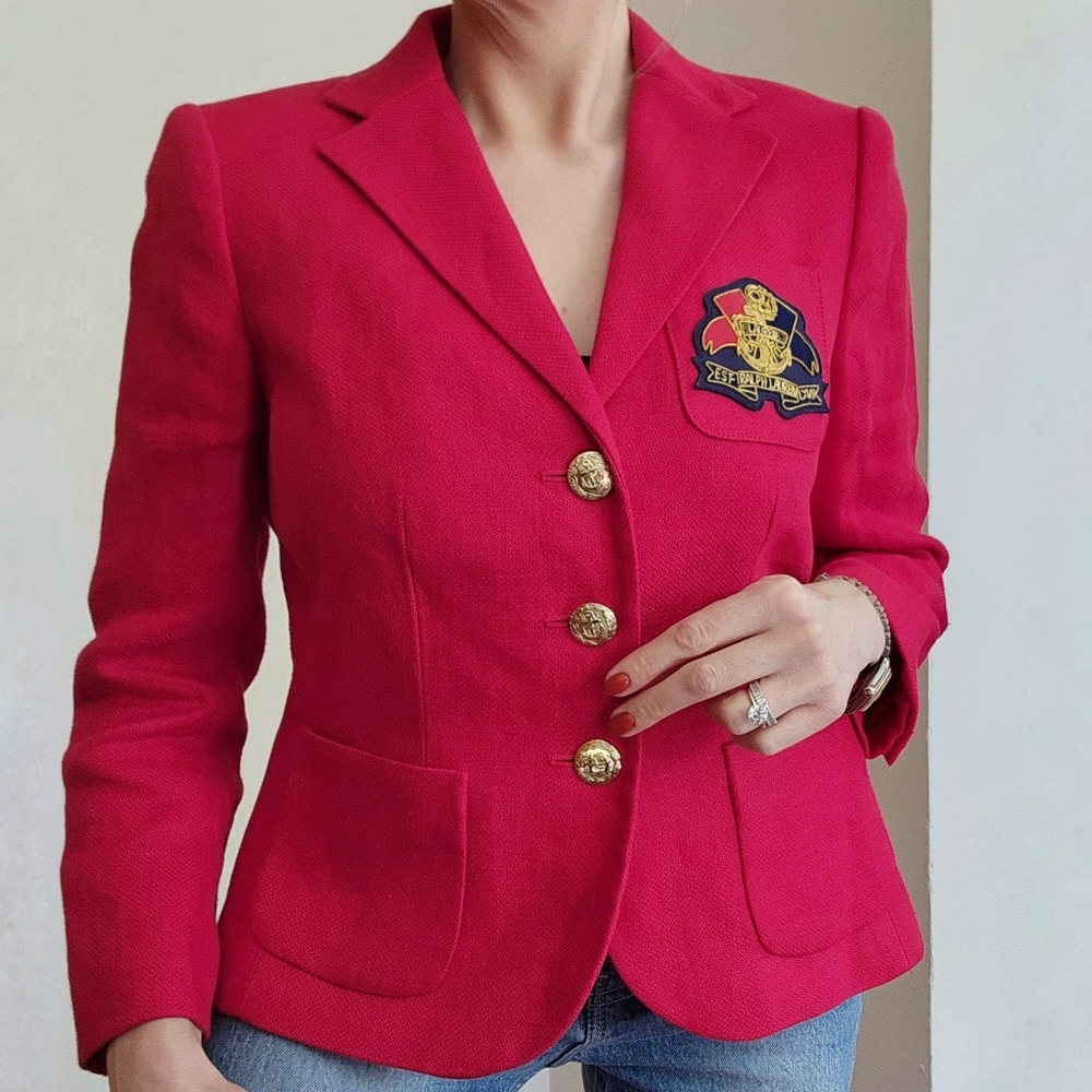 Lauren Ralph Lauren preppy red blazer, size 6P, nautical patch, gold buttons